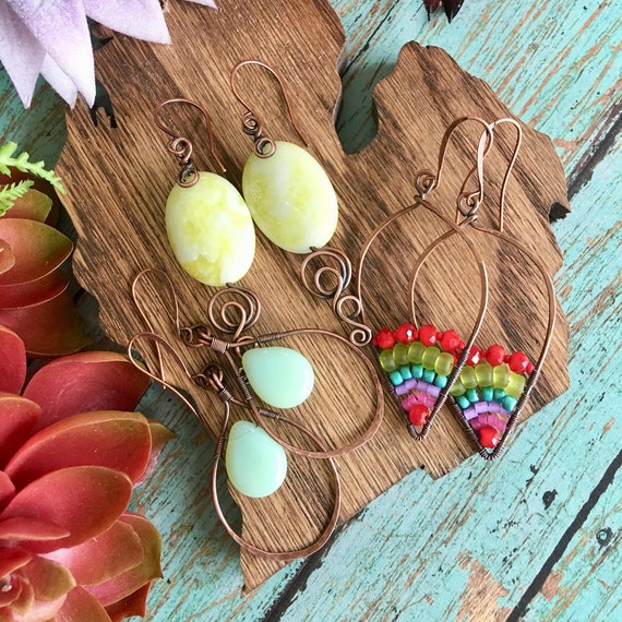 OOAK Beaded Wire Wrapped Copper Hoop Earrings