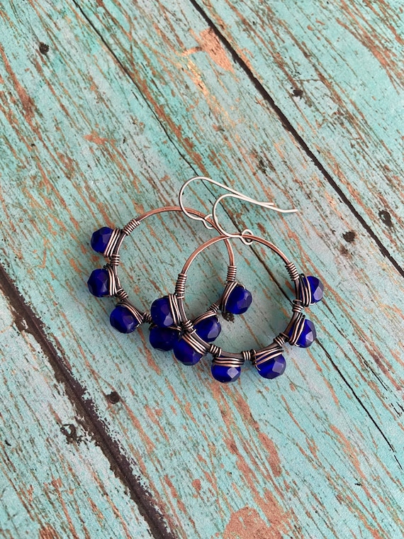 OOAK Blue Beaded Wire Wrapped Copper Hoop Earrings