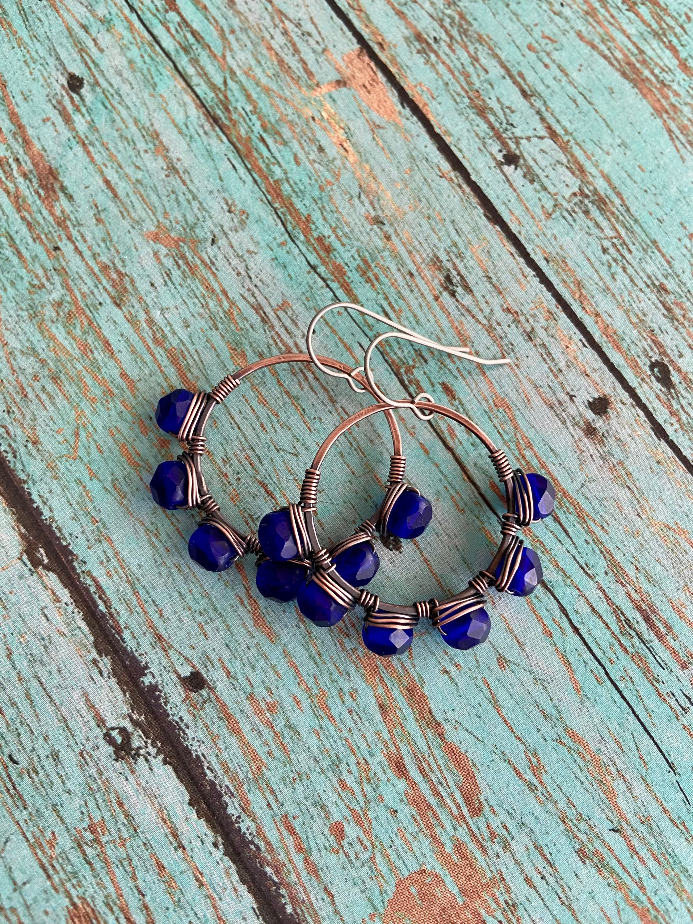 OOAK Blue Beaded Wire Wrapped Copper Hoop Earrings