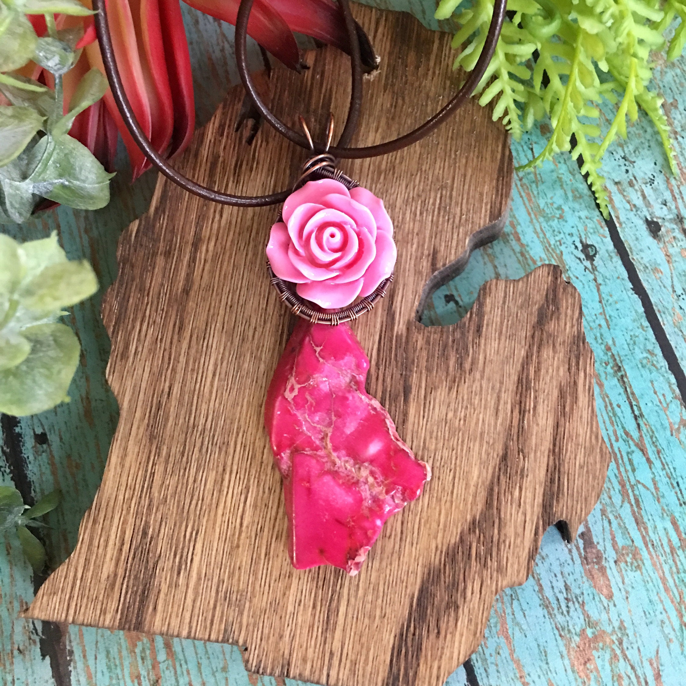 Antiqued Bare Copper Wire Wrapped Pendant with Freeform Turquoise Pink Imperial Jasper