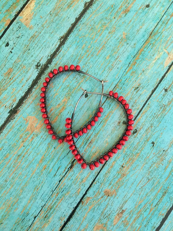 OOAK Boho Petal Hoop Red Beaded Earrings