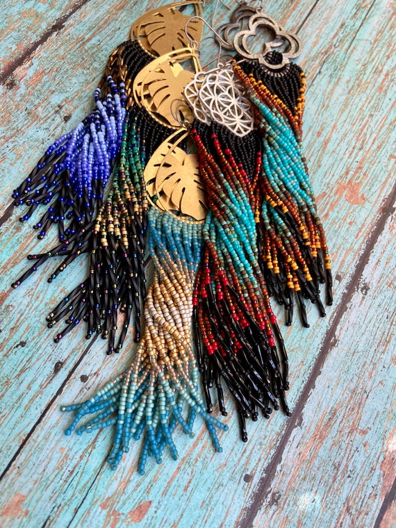 Long Bohemian Fringe Lightweight Ombre Shoulder Dusters Native American Inspired Gypsy Boho Hippie Chic Beaded Earrings