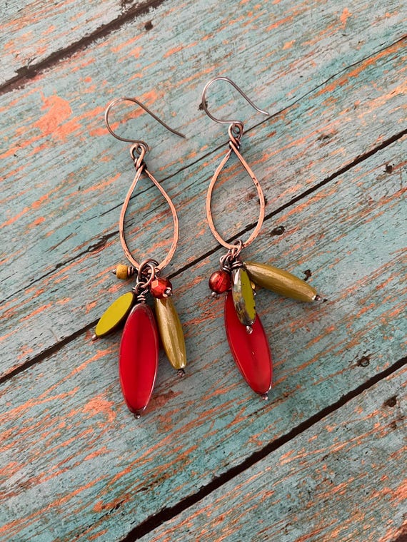 Long Rustic Hammered Copper Dangle Earrings