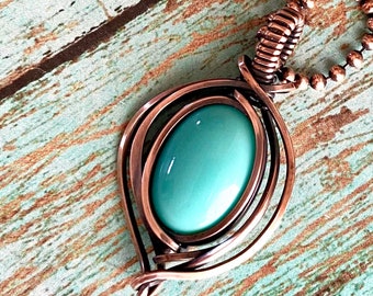 Light Blue Turquoise Copper Pendant|Antiqued Copper Wire Wrapped Pendant|Boho Necklace|7th, 21st Copper Anniversary|Gift for Her