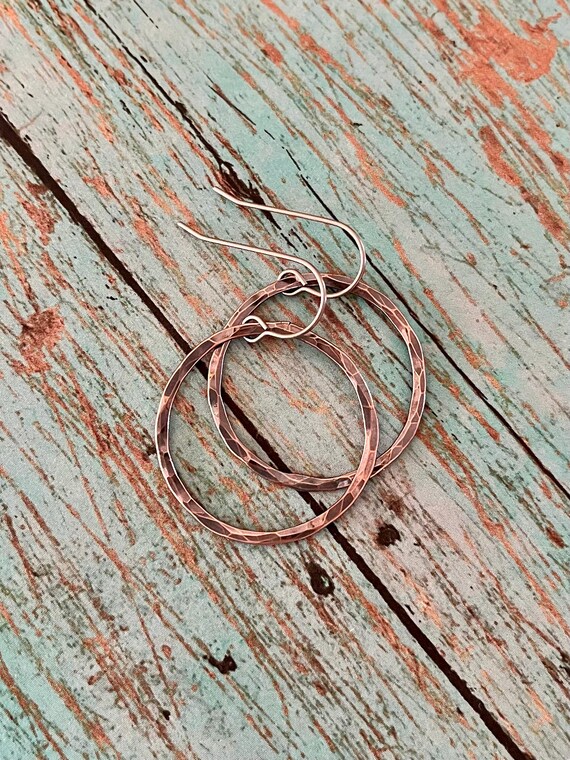 Lightweight Hammered Small Round Copper Hoop Earrings