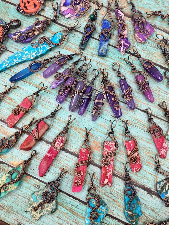 Antiqued Bare Copper Wire Wrapped Pendant with Freeform Turquoise Pink Imperial Jasper