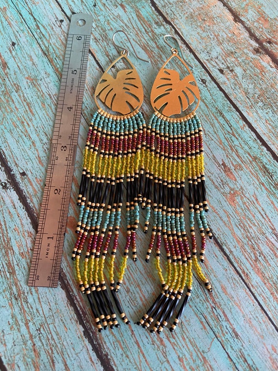 Long Bohemian Seed Beaded Fringe Lightweight Multicolored Shoulder Dusters Native American Inspired Gypsy Boho Hippie Chic Beaded Earrings