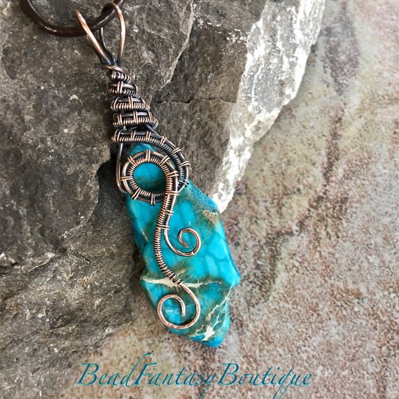 OOAK Antiqued Pure Copper Wire Wrapped Pendant Earrings Set with Freeform Turquoise Blue Imperial Jasper