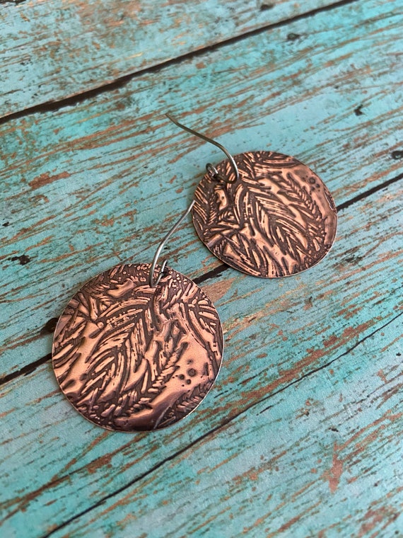 Copper Feather Disk Earrings