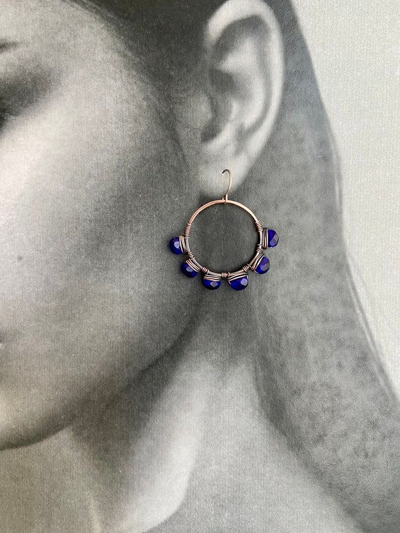 OOAK Blue Beaded Wire Wrapped Copper Hoop Earrings