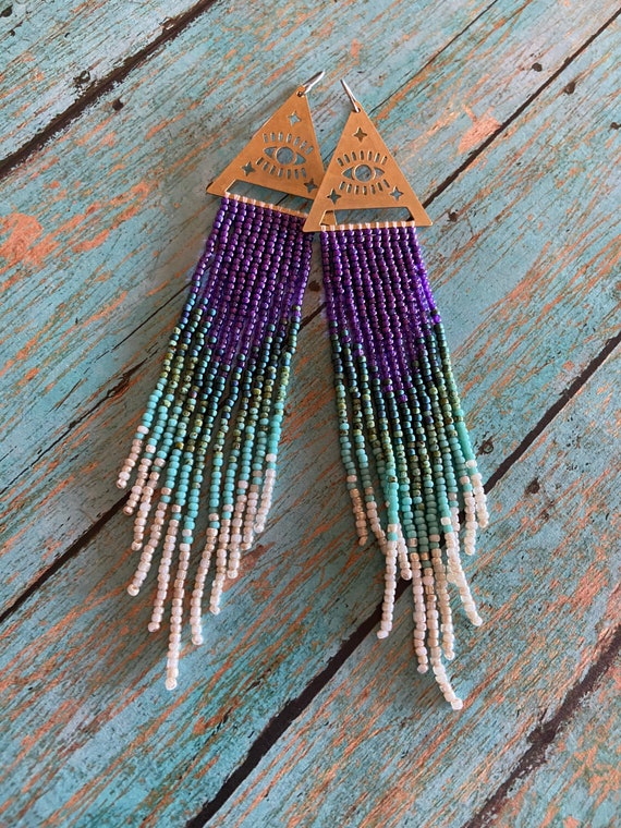 Long Bohemian Seed Beaded Fringe Lightweight Multicolored Shoulder Dusters Native American Inspired Gypsy Boho Hippie Chic Beaded Earrings