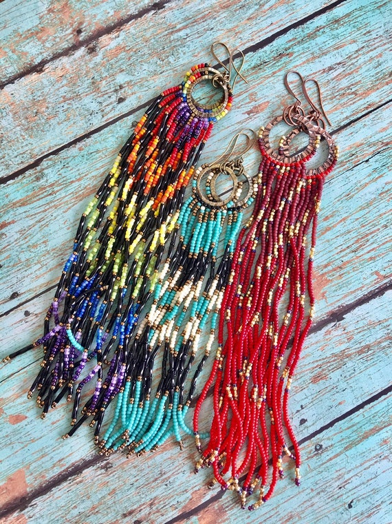 Long Bohemian Fringe Lightweight Ombre Shoulder Dusters Native American Inspired Gypsy Boho Hippie Chic Beaded Earrings