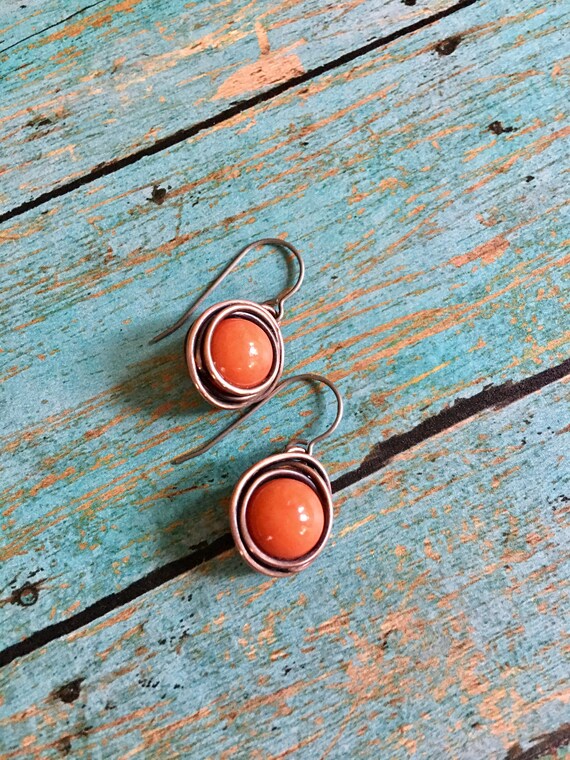 Antiqued Bare Copper Wire Wrapped Orange Imperial Jasper Freeform Pendant