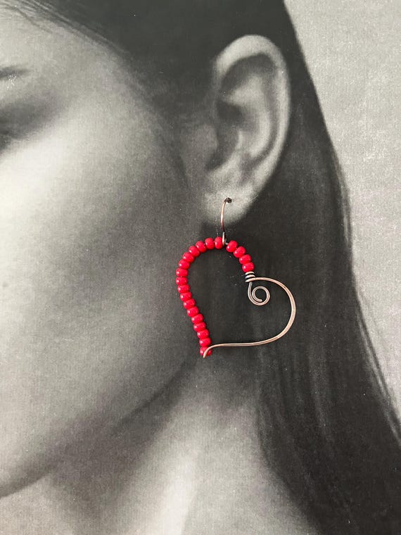 Red Beaded Heart Copper Hoop Earrings