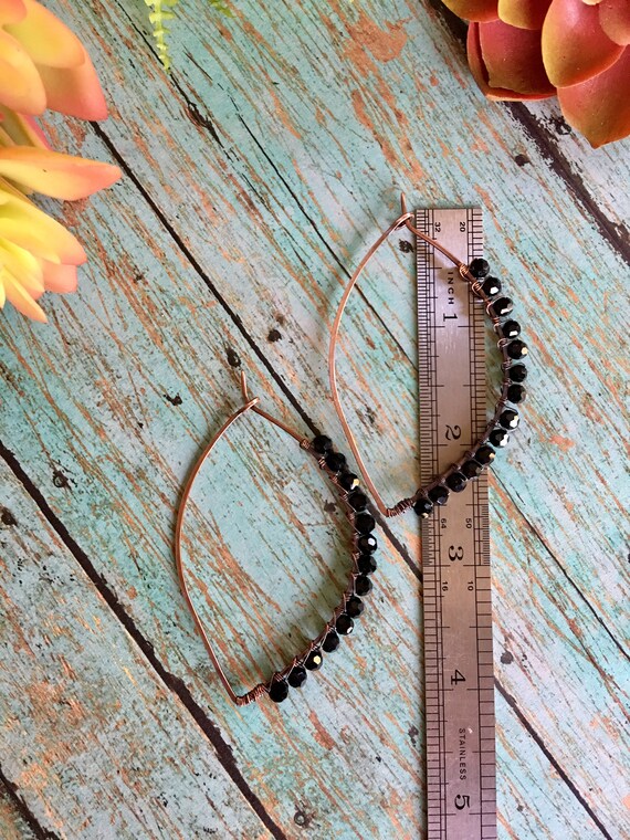 Boho Black Beaded Petal Hoop Earrings