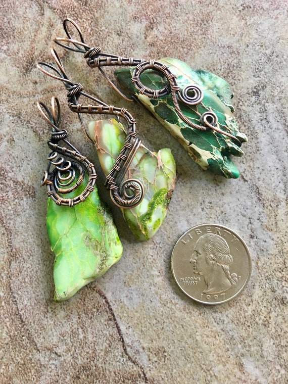 Antiqued Bare Copper Wire Wrapped Pendant with Freeform Apple Green Imperial Jasper