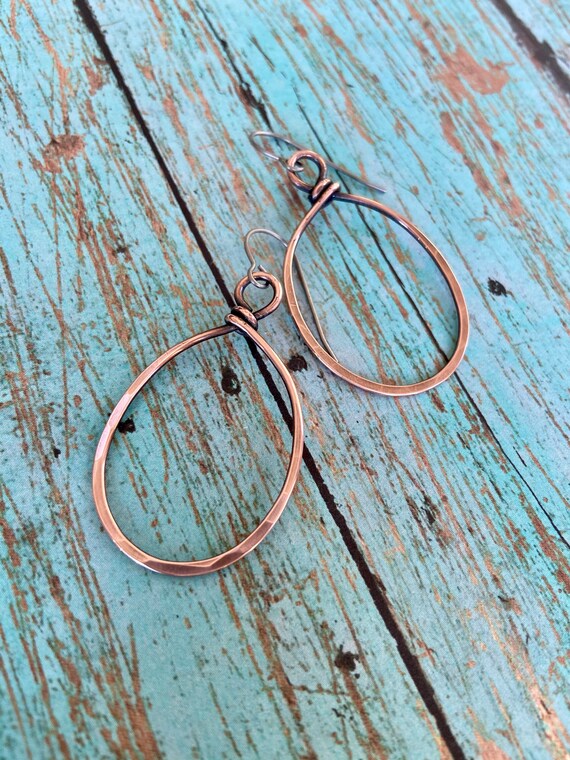 Oval Stamped Dangle Copper Hoops