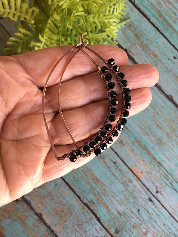 Boho Black Beaded Petal Hoop Earrings