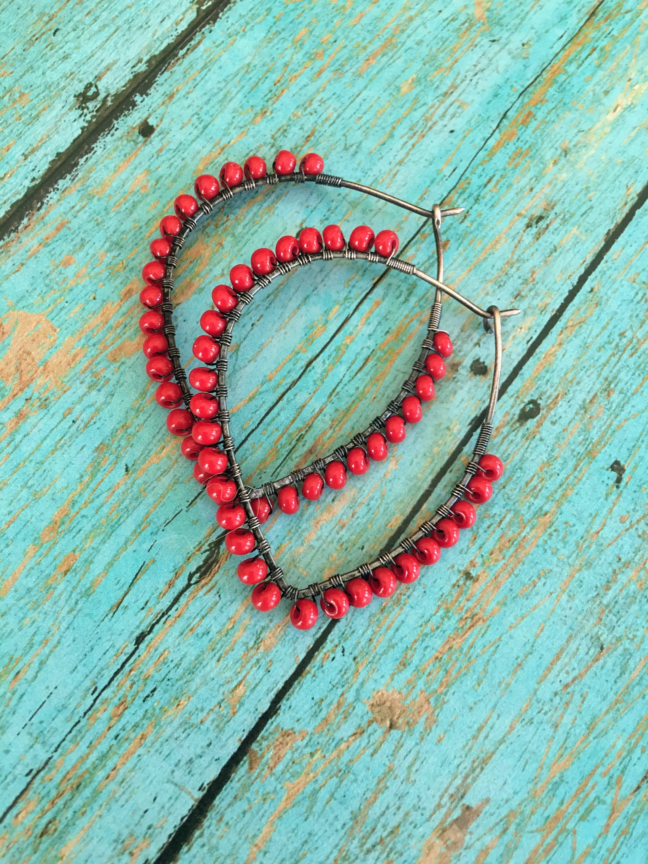 OOAK Boho Petal Hoop Red Beaded Earrings