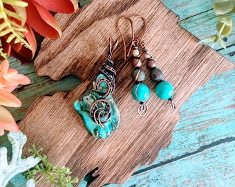 Antiqued Bare Copper Wire Wrapped Pendant Earrings Set with Freeform Turquoise Blue Imperial Jasper|Boho, Hippie Artisan Wire Wrapped Set