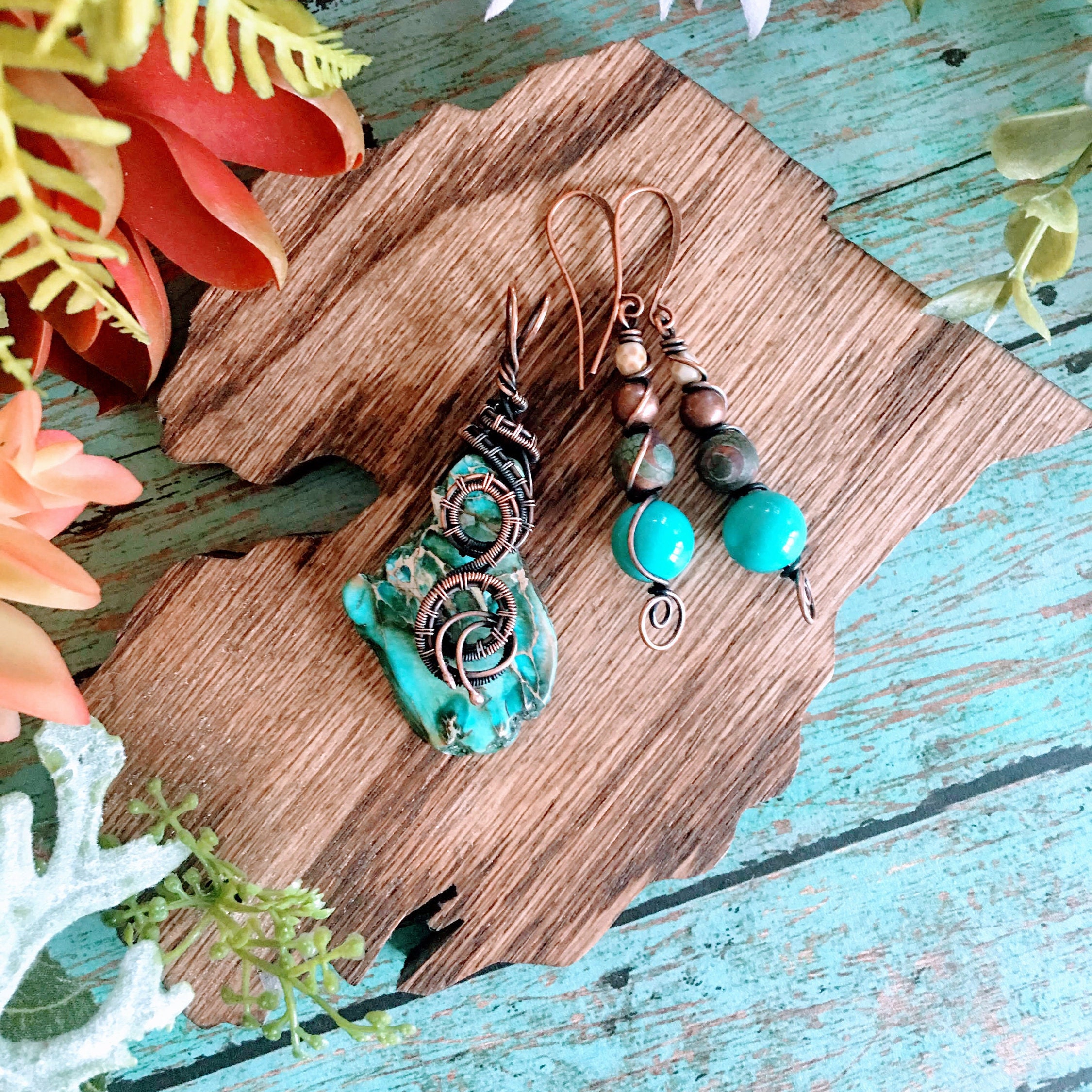 Antiqued Bare Copper Wire Wrapped Pendant Earrings Set with Freeform Turquoise Blue Imperial Jasper