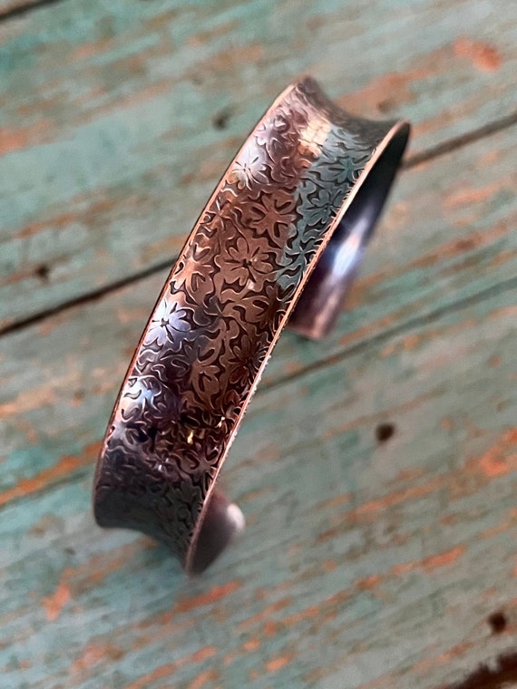 Concave Solid Copper Floral Cuff Bracelet
