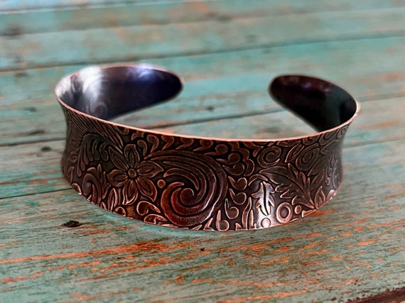 Concave Solid Copper Floral Cuff Bracelet