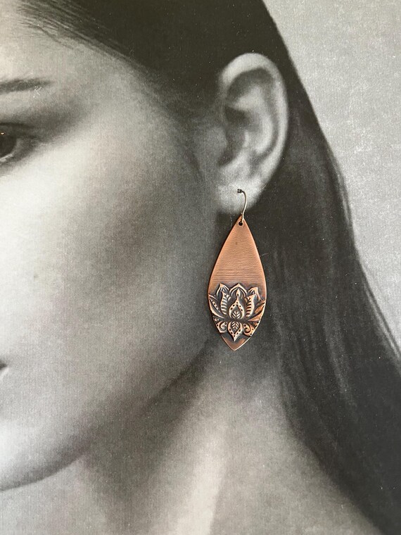 Embossed Copper Lotus Teardrop Earrings