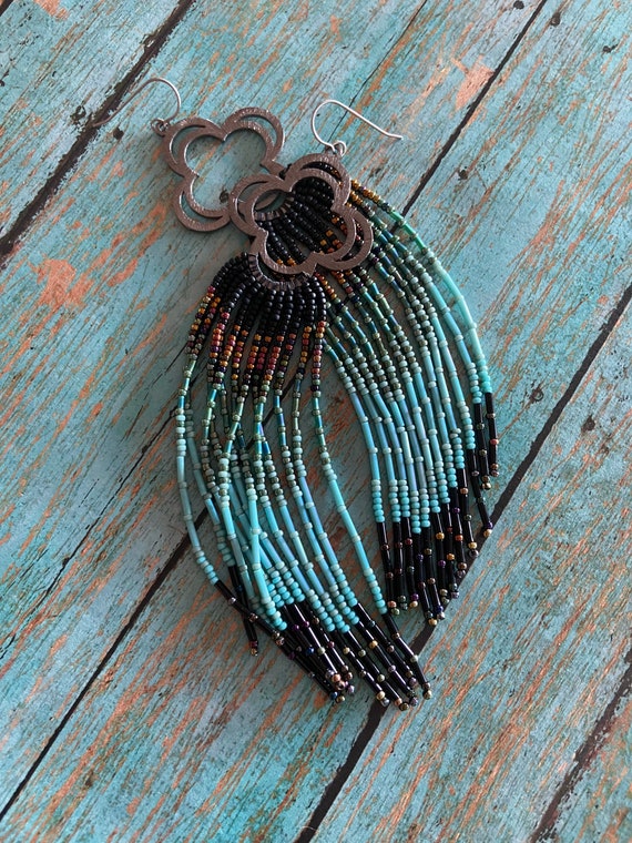Long Bohemian Seed Beaded Fringe Lightweight Multicolored Shoulder Dusters Native American Inspired Gypsy Boho Hippie Chic Beaded Earrings