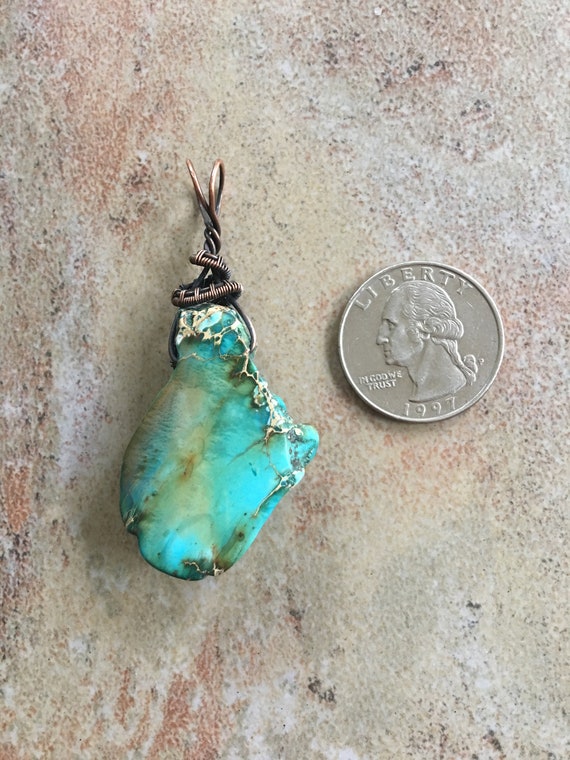 Antiqued Bare Copper Wire Wrapped Pendant Earrings Set with Freeform Turquoise Blue Imperial Jasper