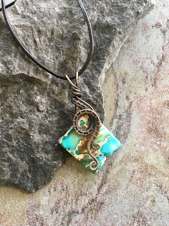 Antiqued Bare Copper Wire Wrapped Pendant Earrings Set with Freeform Turquoise Blue Imperial Jasper