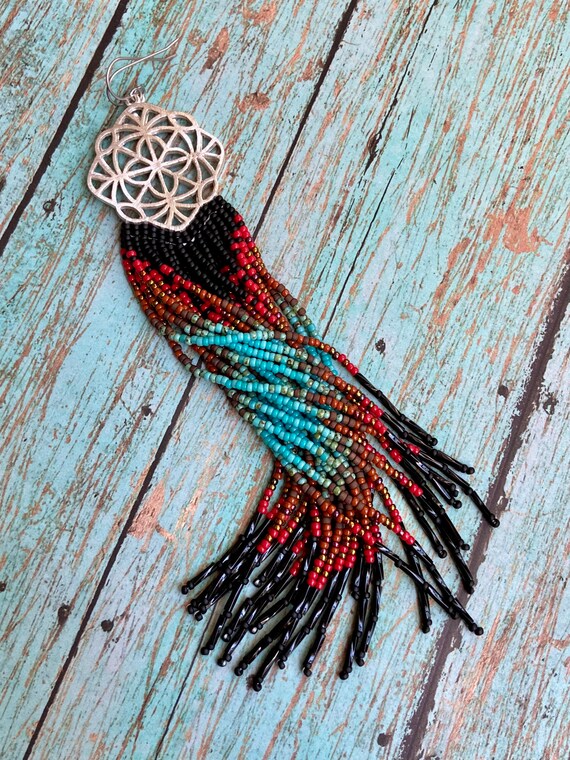 Long Bohemian Fringe Lightweight Ombre Shoulder Dusters Native American Inspired Gypsy Boho Hippie Chic Beaded Earrings