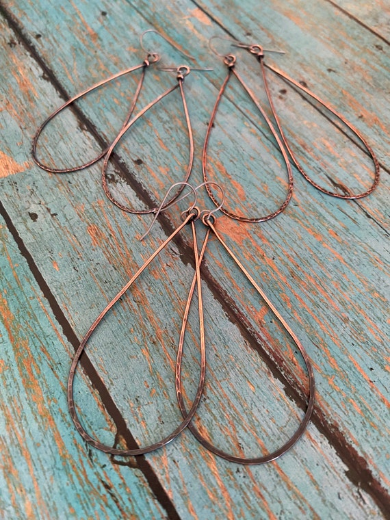Lightweight Long Teardrop Copper Hoop Earrings