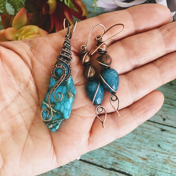 OOAK Antiqued Pure Copper Wire Wrapped Pendant Earrings Set with Freeform Turquoise Blue Imperial Jasper