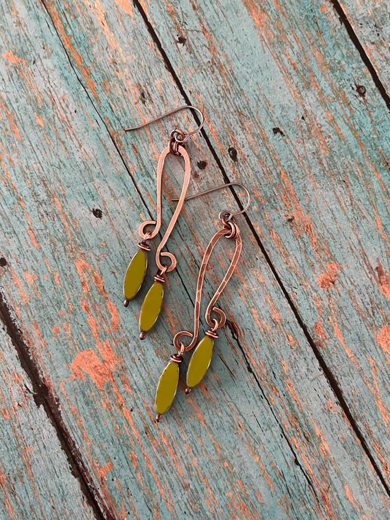 Olive Green Long Copper Earrings