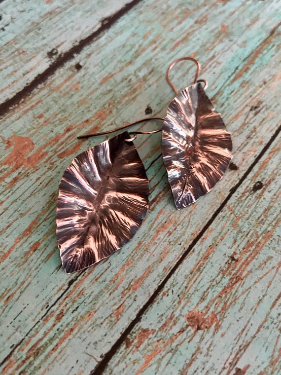 Rustic FoldFormed Copper Leaf Earrings