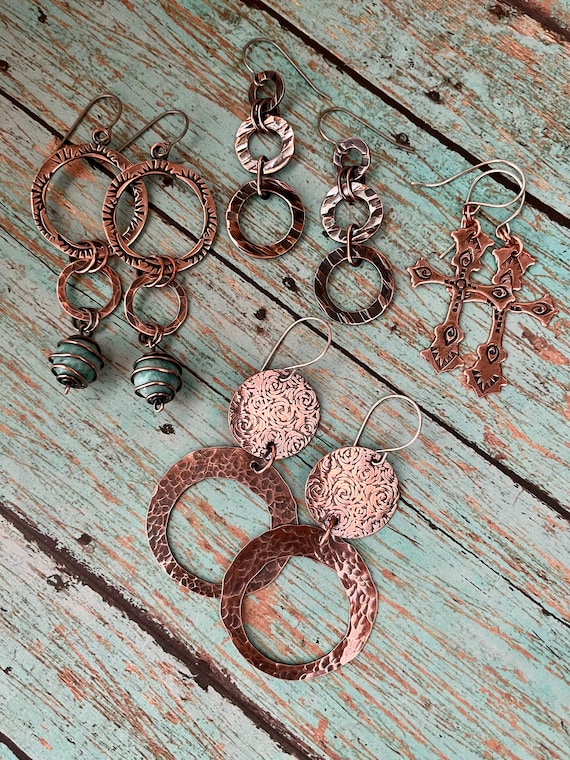 Embossed Copper Lotus Teardrop Earrings