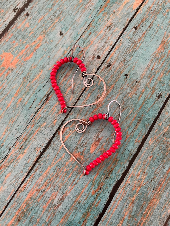 Red Beaded Heart Copper Hoop Earrings