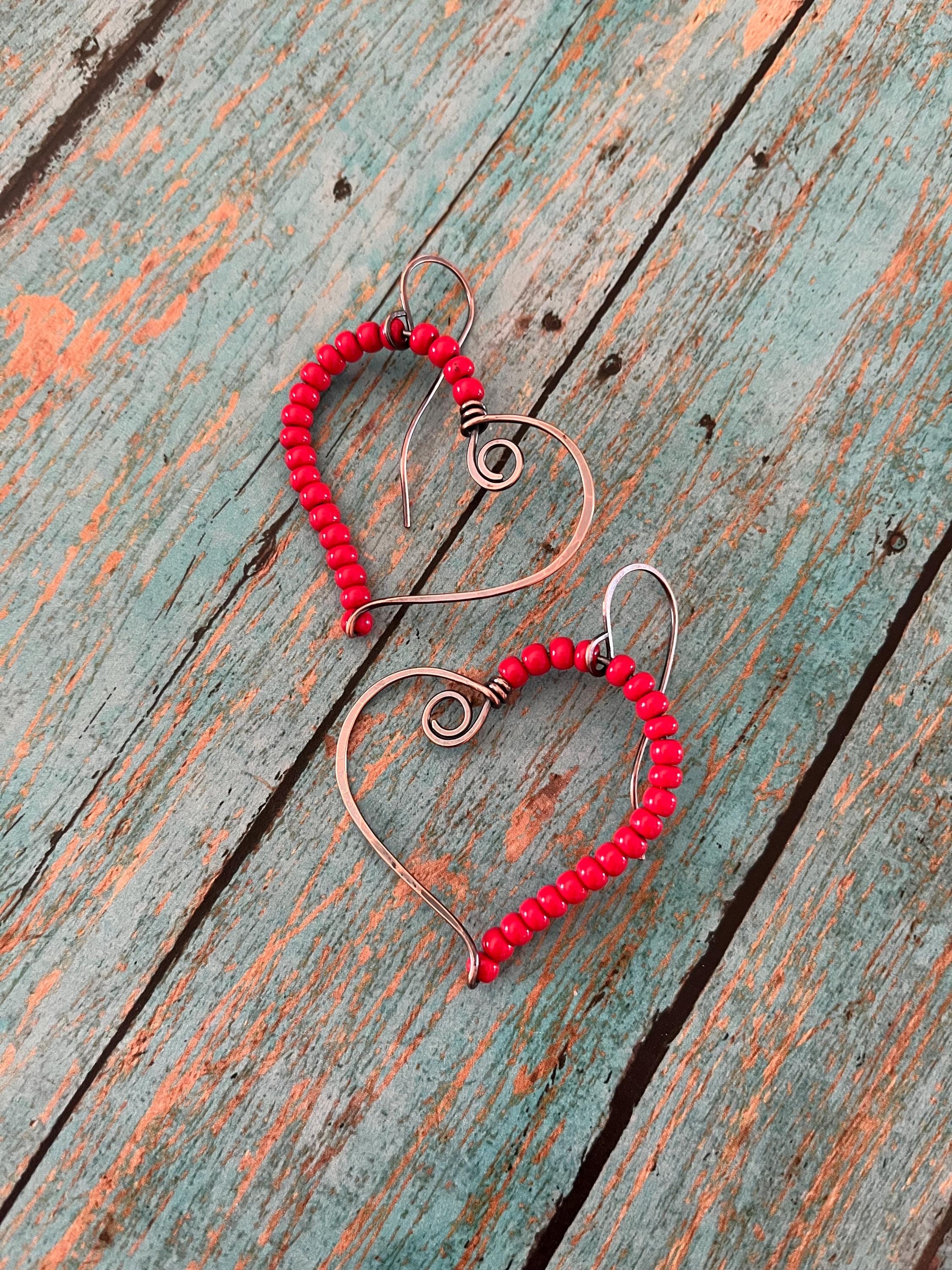 Red Beaded Heart Copper Hoop Earrings