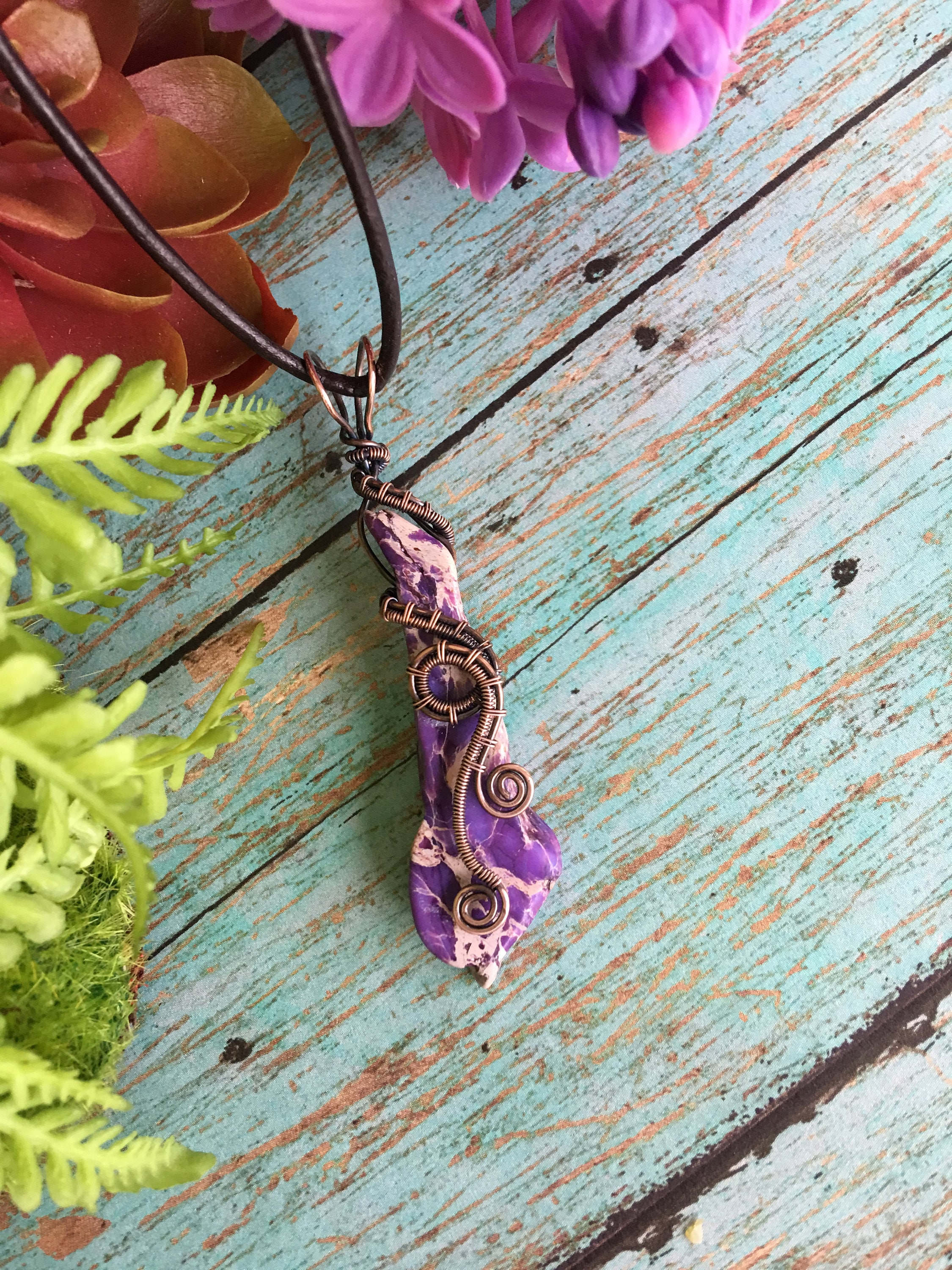 Antiqued Copper Wire Wrapped Pendant with multi-colored Purple Imperial Jasper Freeform Bead