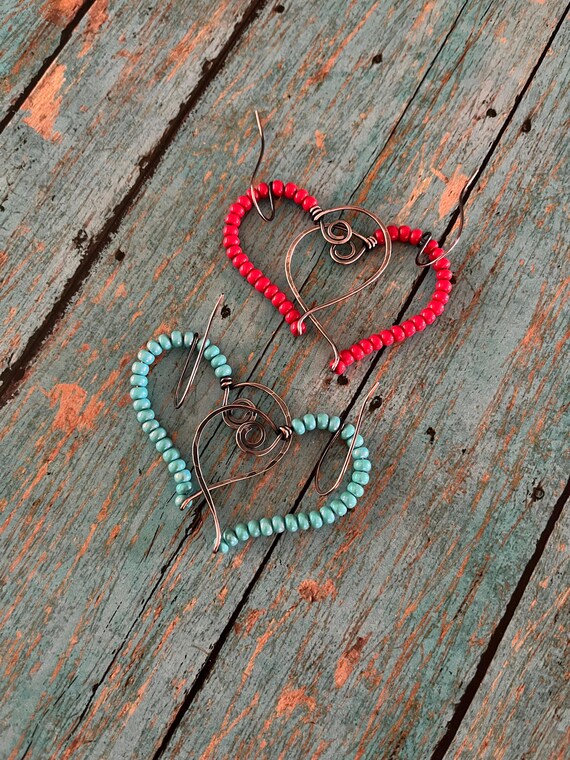 Red Beaded Heart Copper Hoop Earrings