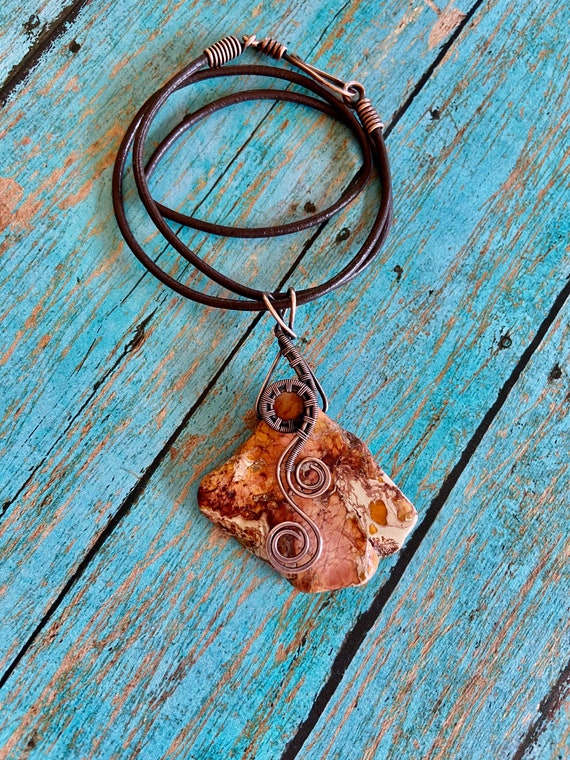 Antiqued Bare Copper Wire Wrapped Orange Imperial Jasper Freeform Pendant