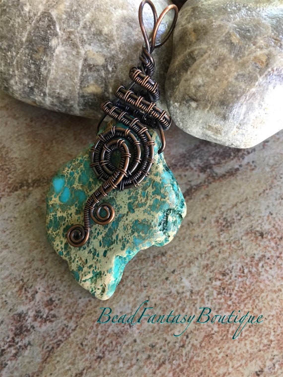Antiqued Bare Copper Wire Wrapped Pendant Earrings Set with Freeform Turquoise Blue Imperial Jasper