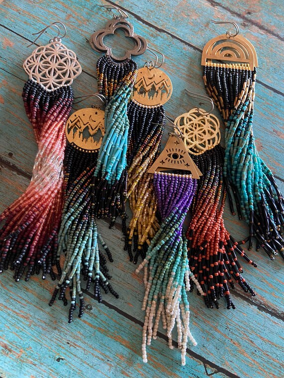 Long Bohemian Seed Beaded Fringe Lightweight Multicolored Shoulder Dusters Native American Inspired Gypsy Boho Hippie Chic Beaded Earrings
