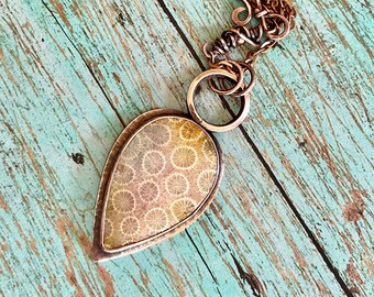Fossil Coral Copper Necklace|Rustic Boho Copper Necklace|7th Anniversary Gift|Artisan Metalwork Necklace|Hand Fabricated Statement Necklace