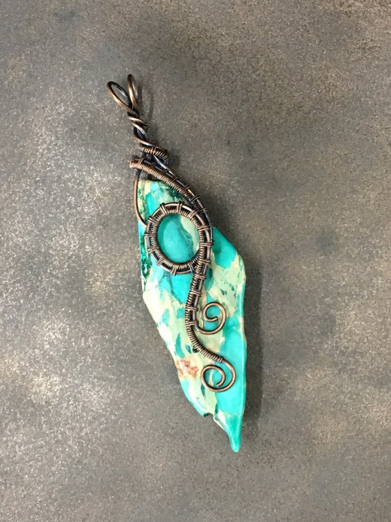 OOAK Antiqued Bare Copper Wire Wrapped Pendant with Freeform Turquoise Blue Imperial Jasper