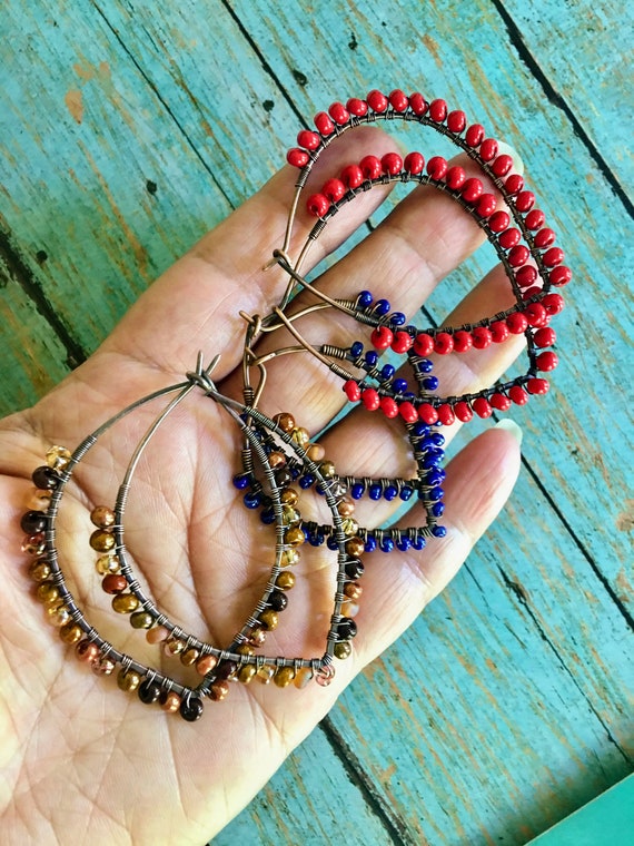 OOAK Boho Petal Hoop Earth Tone Beaded Earrings