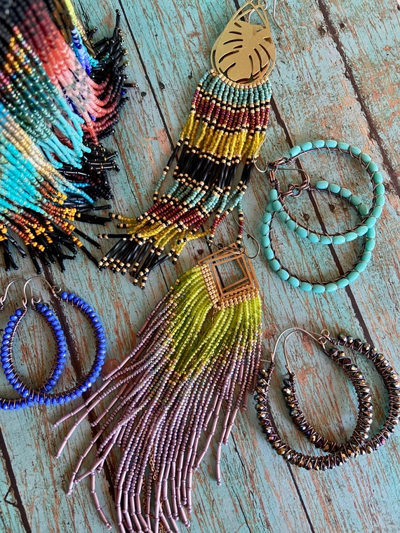 Long Bohemian Seed Beaded Fringe Lightweight Multicolored Shoulder Dusters Native American Inspired Gypsy Boho Hippie Chic Beaded Earrings