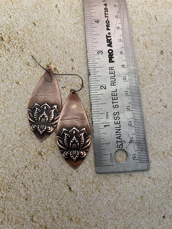 Embossed Copper Lotus Teardrop Earrings