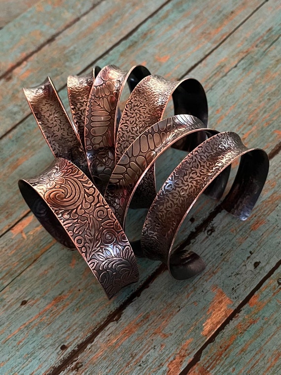 Concave Solid Copper Embossed Cuff Bracelet